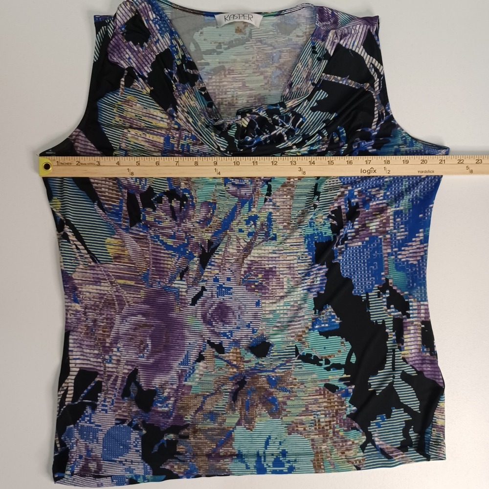 Women's Kasper Blue Black Purple Cowl Neck Floral Sleeveless Blouse Size XL - Picture 4 of 8
